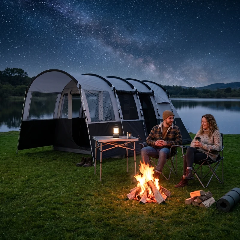 Outsunny 4 Person Camping Tent, Waterproof Family Tent, Tunnel Design, 4 Large Windows, Sleeping Cabins 3000mm Water Column Grey