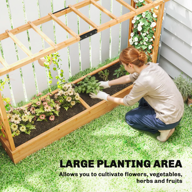 Outsunny Raised Planter with Trellis, Wooden Raised Bed for Garden with Hanging Roof and Drainage Holes, Outdoor Planter Box