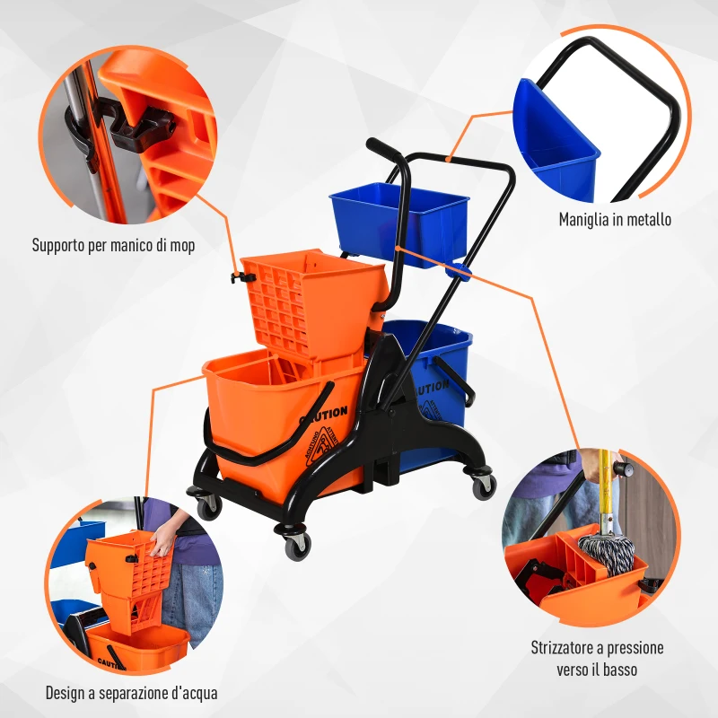 HOMCOM Carrello Pulizie Professionale da 26L con 2 Secchi Lavapavimenti, in Plastica e Metallo, 78x45x95 cm, Arancio Blu