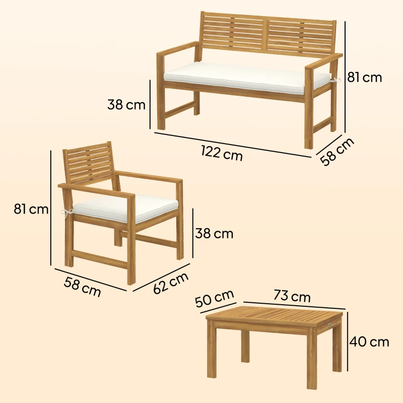 Outsunny 4 Seater Wooden Garden Furniture Set with Loveseat, Armchairs, Table, Acacia Wood Garden Sofa Set, Cream White