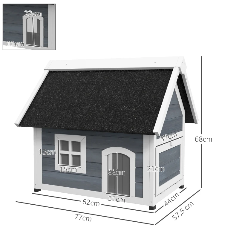 PawHut Maison pour chat en bois porte à lamelles fenêtre en plexiglas toit bitumé ouvrable 77 x 57,5 x 68 cm gris