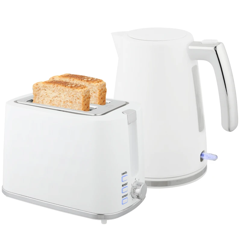 HOMCOM Set Fierbător Electric de 1.7L 2200W cu Termostat și Prăjitor de Pâine Dublu cu 7 Niveluri de Rumeneală, Alb