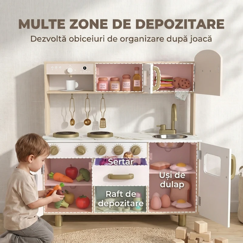 AIYAPLAY Bucătărie de Jucărie pentru Copii cu Plită, Robinet și Accesorii, MDF și Oțel Inoxidabil, 74 x 29 x 81 Cm, Alb