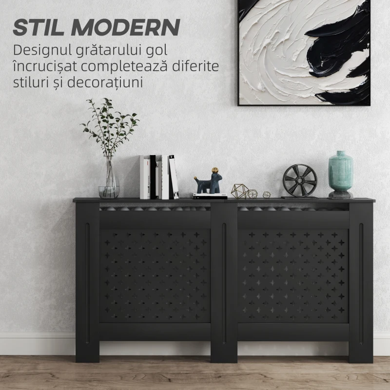 HOMCOM Masca pentru calorifere din lemn MDF, traforată cu model cruciulițe, cu raft și fixare pe perete, 152x19x82 cm, negru(m-4)