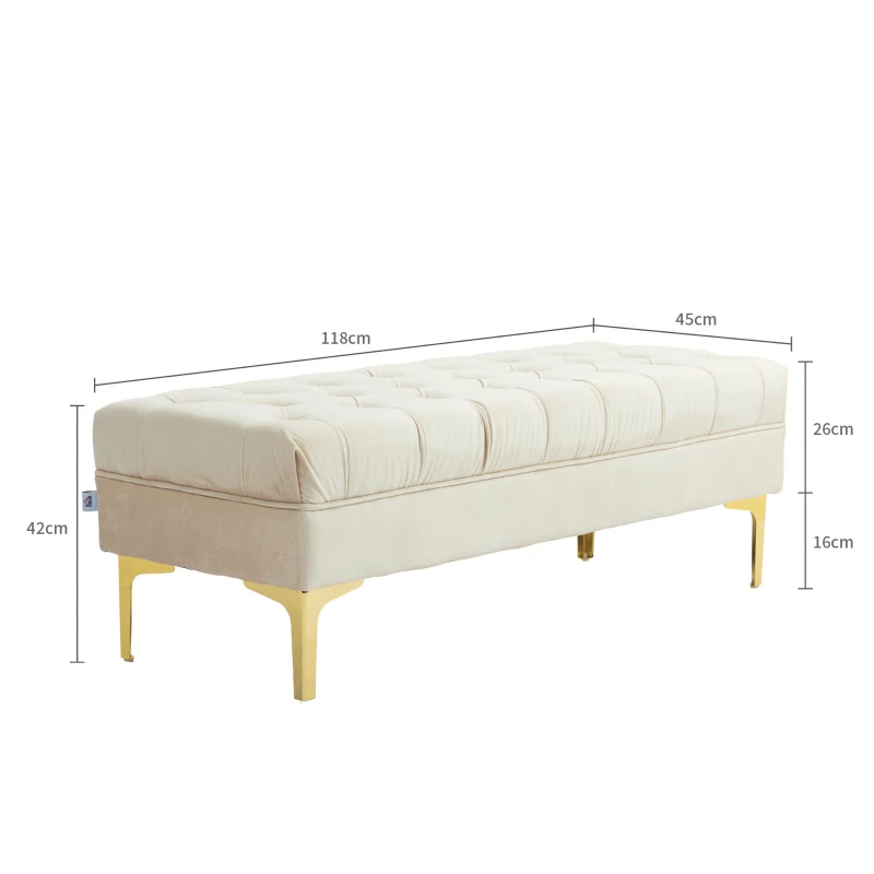 HOMCOM Bancă pentru capătul patului, tapițată cu material textil matlasat cu efect de catifea, 118x45x42 cm, bej