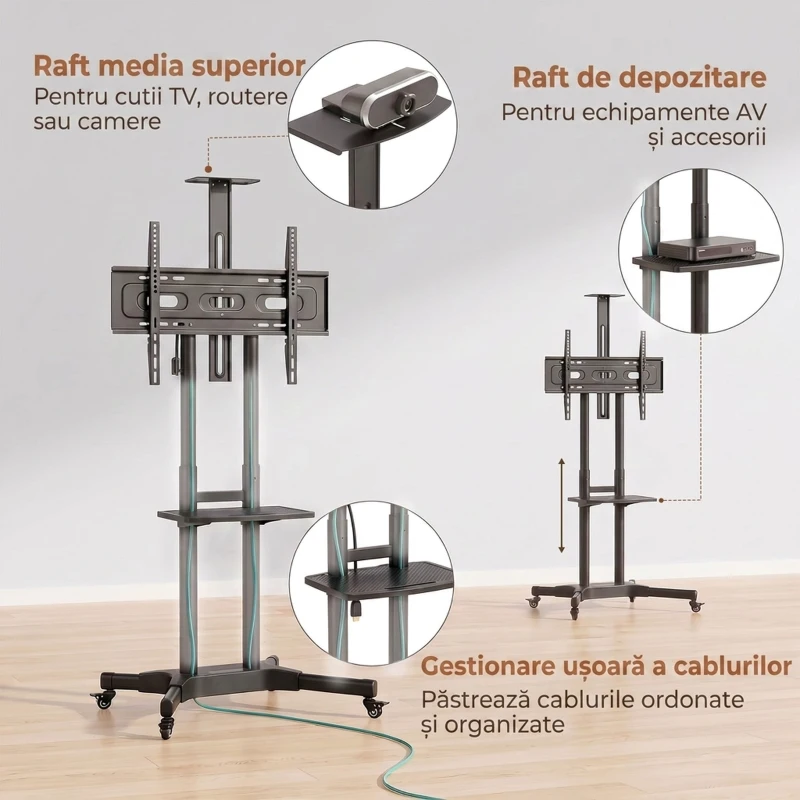 HOMCOM Suport TV podea 32-75 inci, cu roți și frână, înălțime reglabilă, LCD/LED VESA 400x600mm, sarcină 50kg, negru