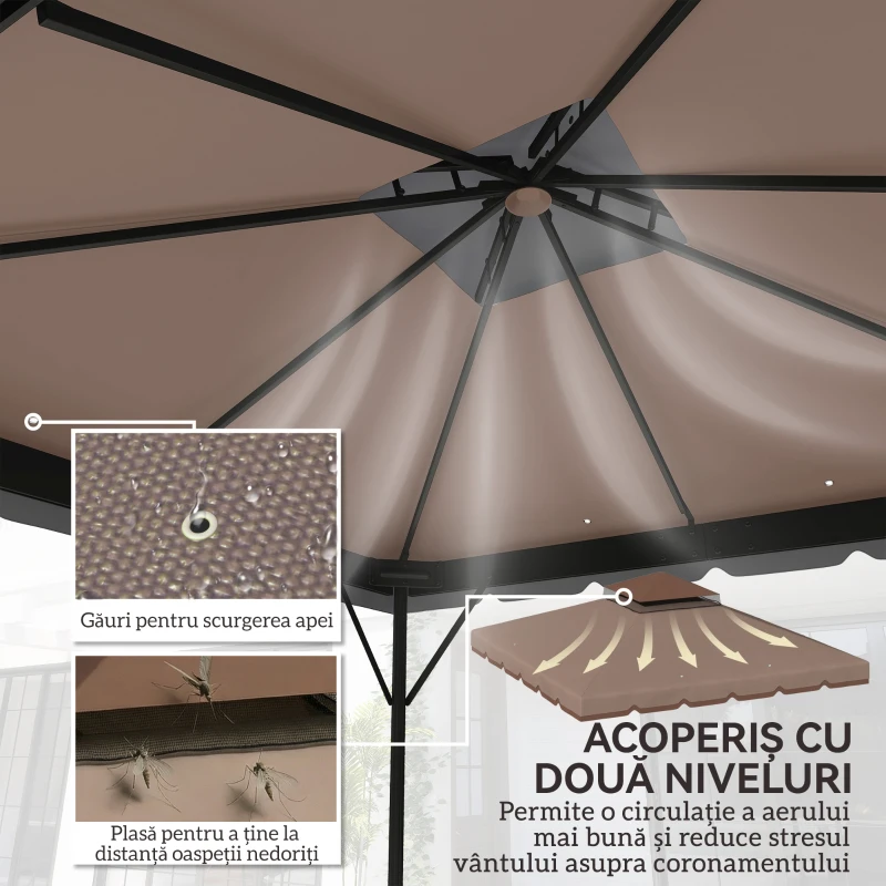 Outsunny Acoperire pentru pavilion 3x3 m, cu 2 niveluri și 8 orificii de drenaj, din poliester, bej și maro