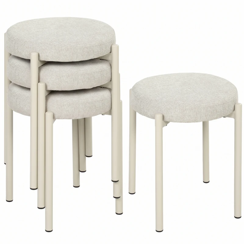 HOMCOM Set de 4 Taburete Stivuite Rotunde cu Șezut Tapițat, fără Spătar, Economisire de Spațiu, 45 x 45 x 47,5 cm, Crem