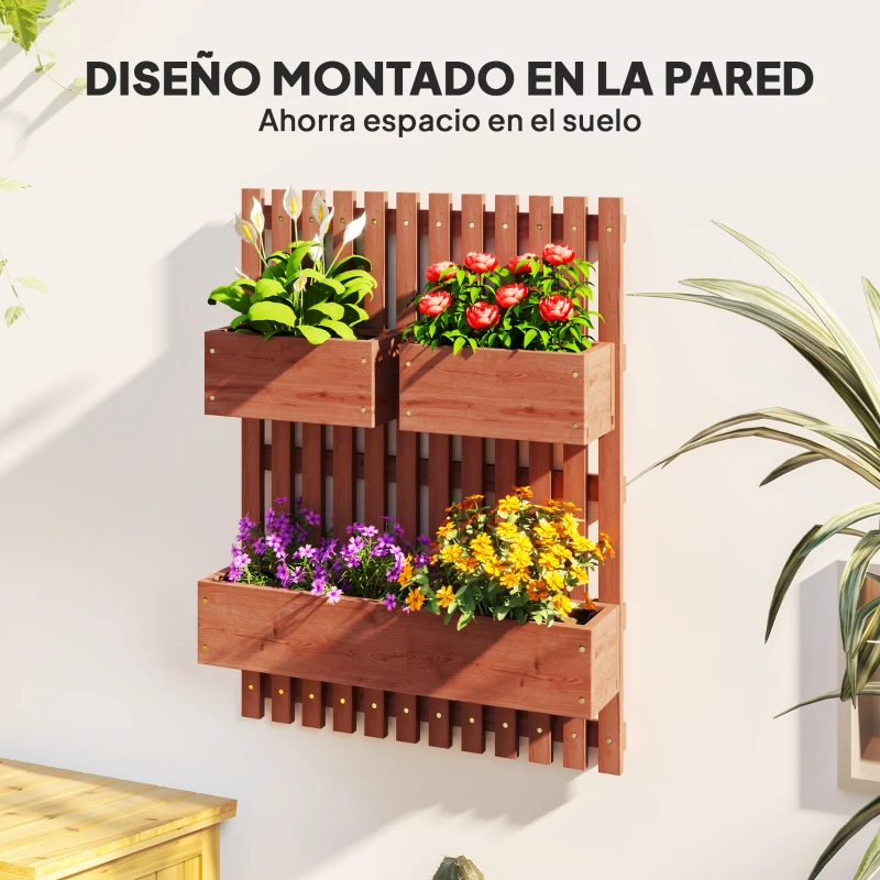 Outsunny Jardinera de Pared de Madera con Enrejado y 3 Macetas Móviles para Jardín Terraza Patio 60x16x80 cm Marrón