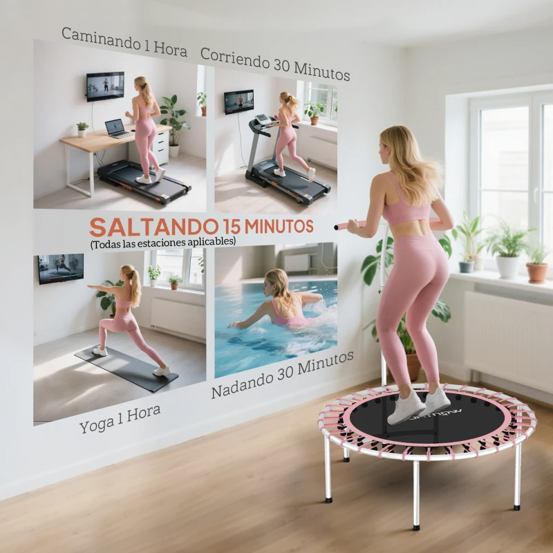 SPORTNOW Cama Elástica Fitness Ø102 cm con Mango Ajustable de 5 Niveles y Marco de Acero para Entrenamiento Piernas Cuerpo Azul