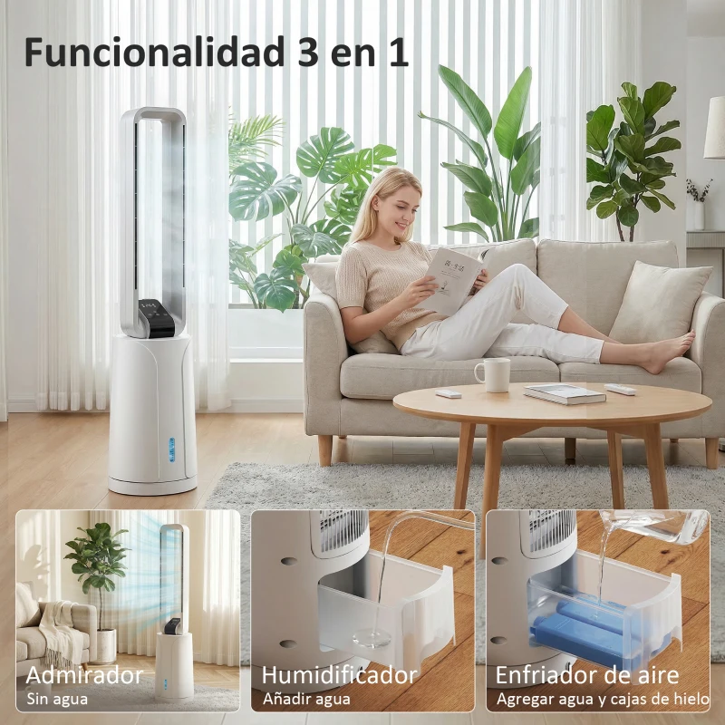 HOMCOM Enfriador de Aire 3 en 1 con Depósito de 1,7L Modos Ajustables Temporizador Control Remoto 24,7x24,7x109,5 cm Blanco