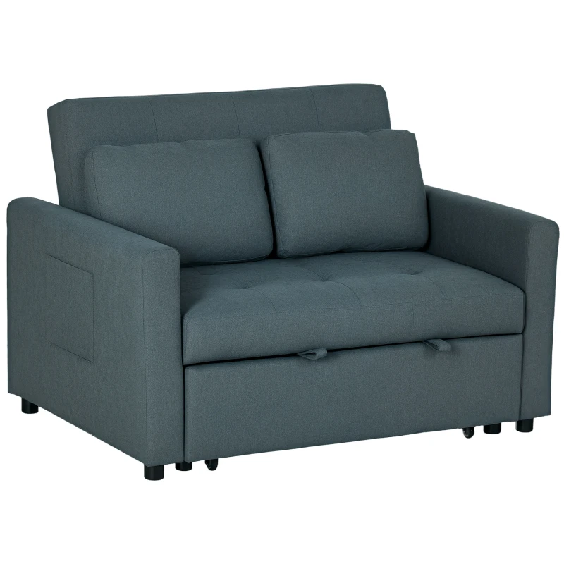HOMCOM Loveseat Sofa Bed, Convertible Bed Settee with 2 Cushions, Side Pockets for Living Room, Dark Grey