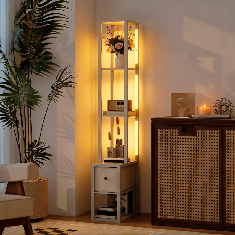HOMCOM Floor Lamp with Shelves, LED Column Modern Standing Lamp with Fabric Drawer, Adjustable Brightness, Foot Switch for Living Room, Bedroom, Office, Oak