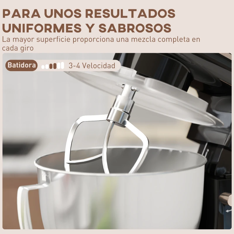 HOMCOM Amasadora 1300W 4,5L 6 Velocidades Bol de Acero Inoxidable Batidor Ganchos Varillas Protector contra Salpicaduras Negro