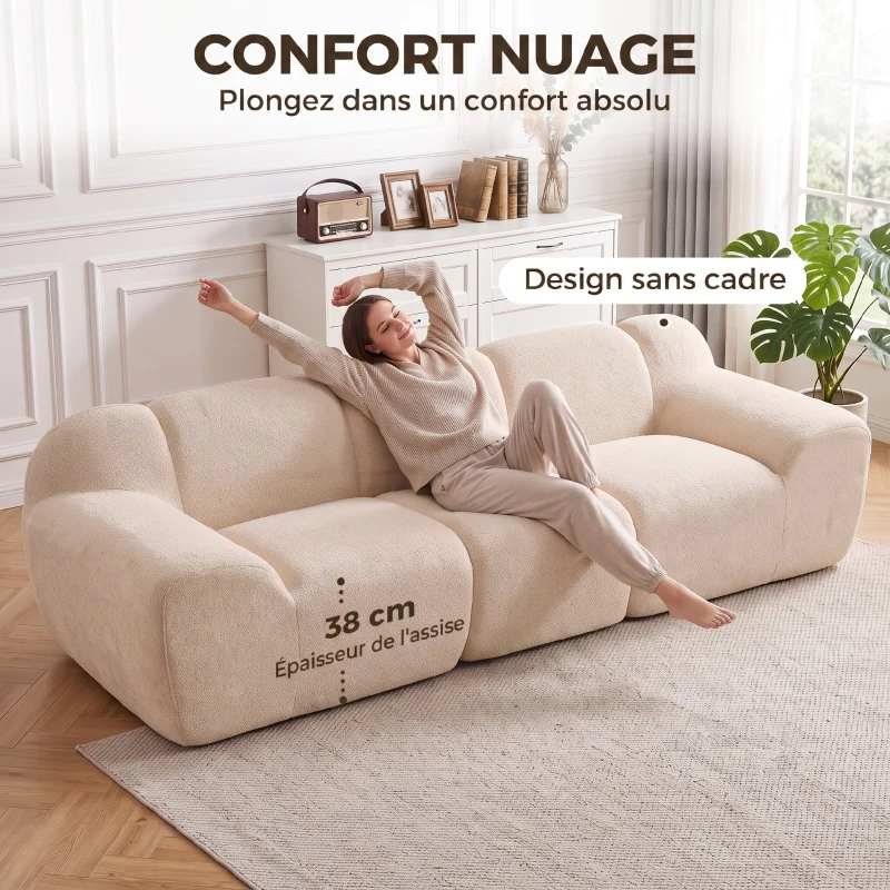 HOMCOM Canapé 3 Places 233 cm, Canapé Salon en Chenille Moderne avec Assise Profonde, Accoudoirs Larges, Beige