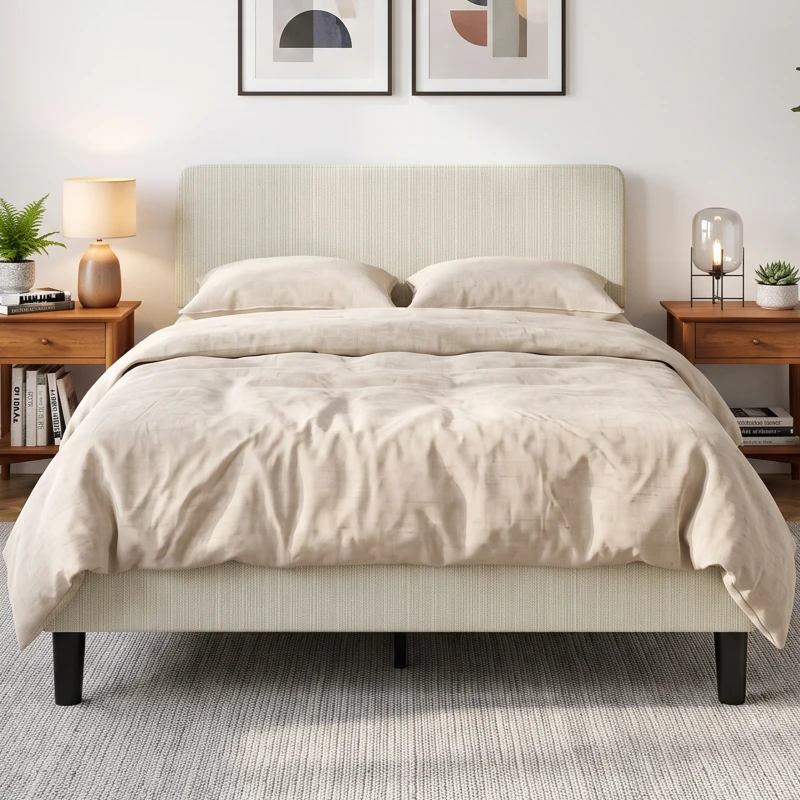 HOMCOM Cadru de pat 140 x 190 cm cu somier, tăblie reglabilă, pat dublu capitonat în velur côtelat, fără zgomot, gri deschis
