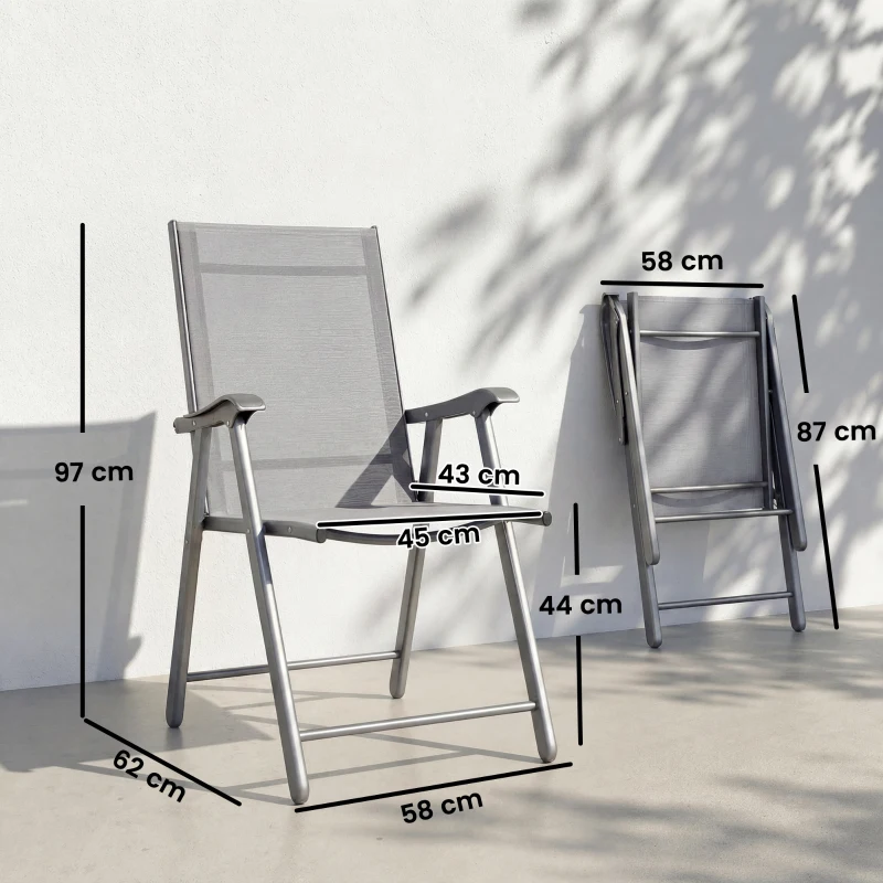 Outsunny Conjunto de 4 Sillas de Jardín Exterior Plegables con Respaldo Alto y Reposabrazos para Terraza Playa 58x62x97 cm Gris