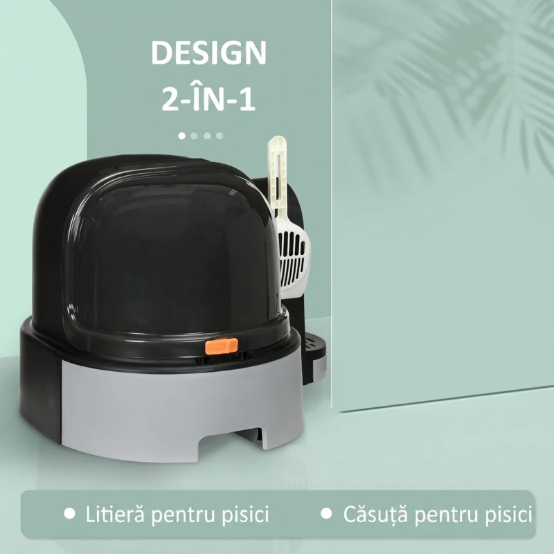 PawHut Litiere pentru Pisici Închise cu Capac, Tavă Detasabilă și Lopățică, din PP și PC, 52x60x42 cm, Gri Închis
