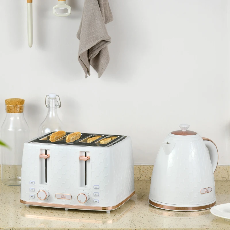 HOMCOM 1.7L 3000W Fast Boil Kettle & 4 Slice Toaster Set, Kettle and Toaster Set with 7 Browning Controls, Crumb Tray, White