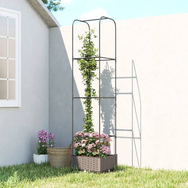 Outsunny Raised Garden Bed with Trellis, Plastic Planter Box with Drainage Holes, Drain Plugs and Water Reservoirs