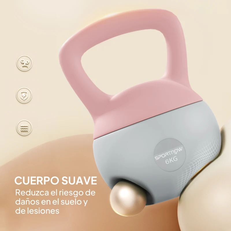 SPORTNOW Pesa Rusa 6 kg Kettlebell Relleno de Arena Metálica y Mango Antideslizante para Entrenamiento en Casa 19x19x28 cm Rosa