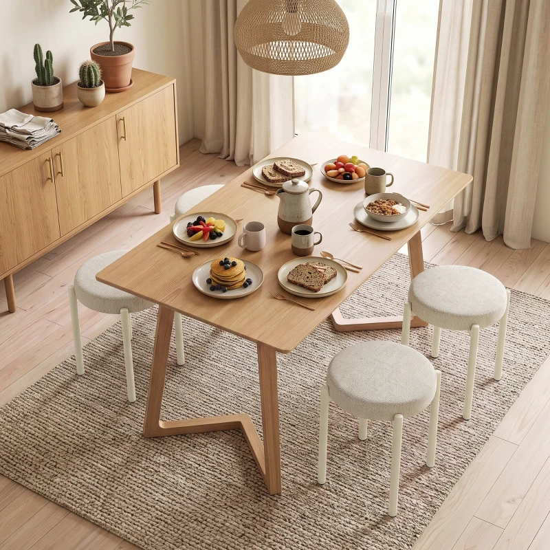 HOMCOM Set de 4 Taburete Stivuite Rotunde cu Șezut Tapițat, fără Spătar, Economisire de Spațiu, 45 x 45 x 47,5 cm, Crem