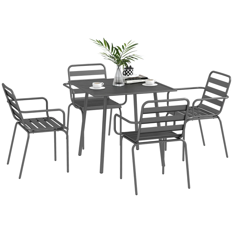 Outsunny Salon de jardin ensemble salle à manger de jardin 5 pièces avec 1 table et 4 chaises empilables en acier gris foncé