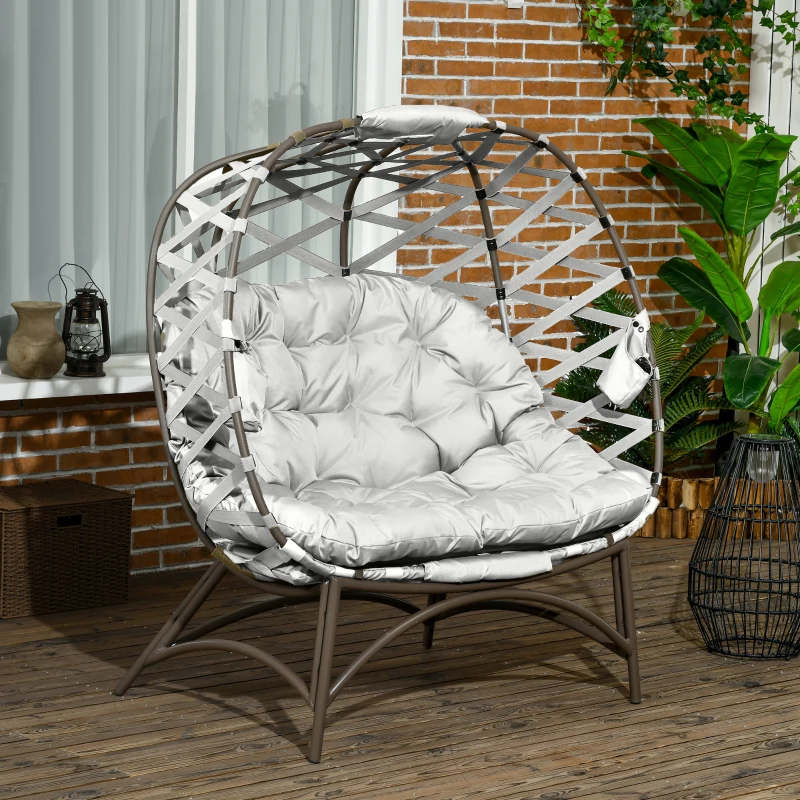 Outsunny 2 Seater Egg Chair Outdoor, Folding Weave Garden Furniture Chair with Cushion, Cup Pockets - Light Grey
