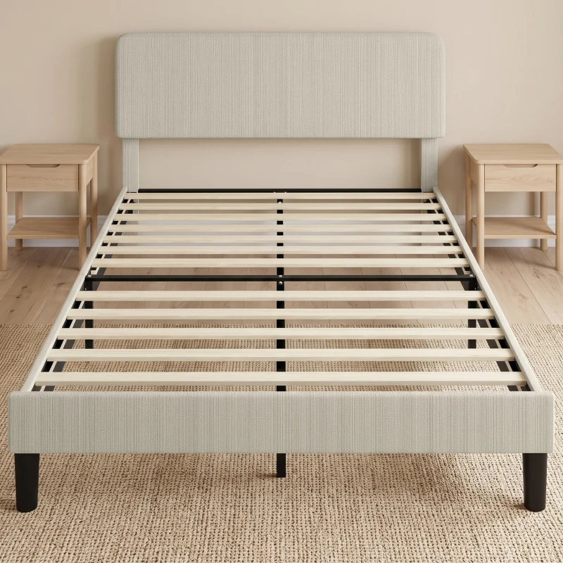 HOMCOM Cadru de pat 140 x 190 cm cu somier, tăblie reglabilă, pat dublu capitonat în velur côtelat, fără zgomot, gri deschis