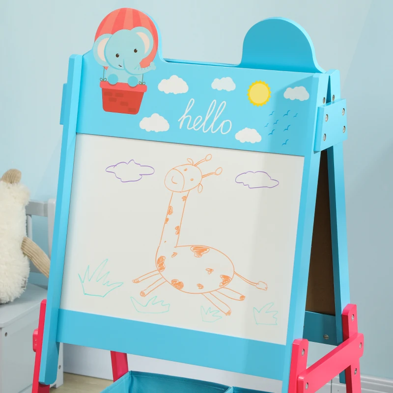 AIYAPLAY Pizarra Infantil de Doble Cara con 2 Cajas de Tela Caballete de Pintura para Niños con Estampado de Animales Azul