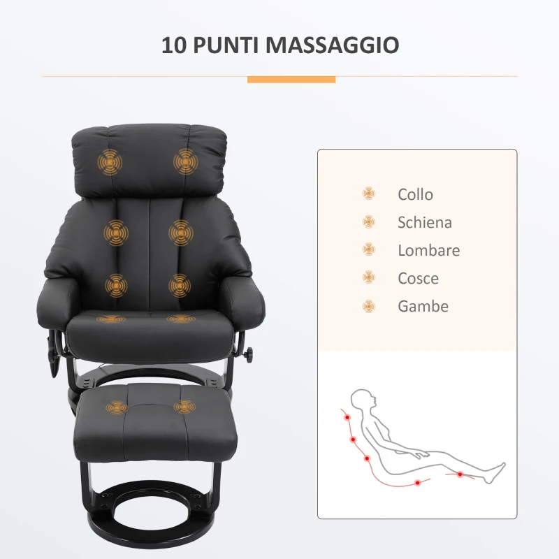 HOMCOM Poltrona Relax Reclinabile e Massaggiante con Pouf Poggiapiedi e Telecomando, 76x80x102 cm Nero