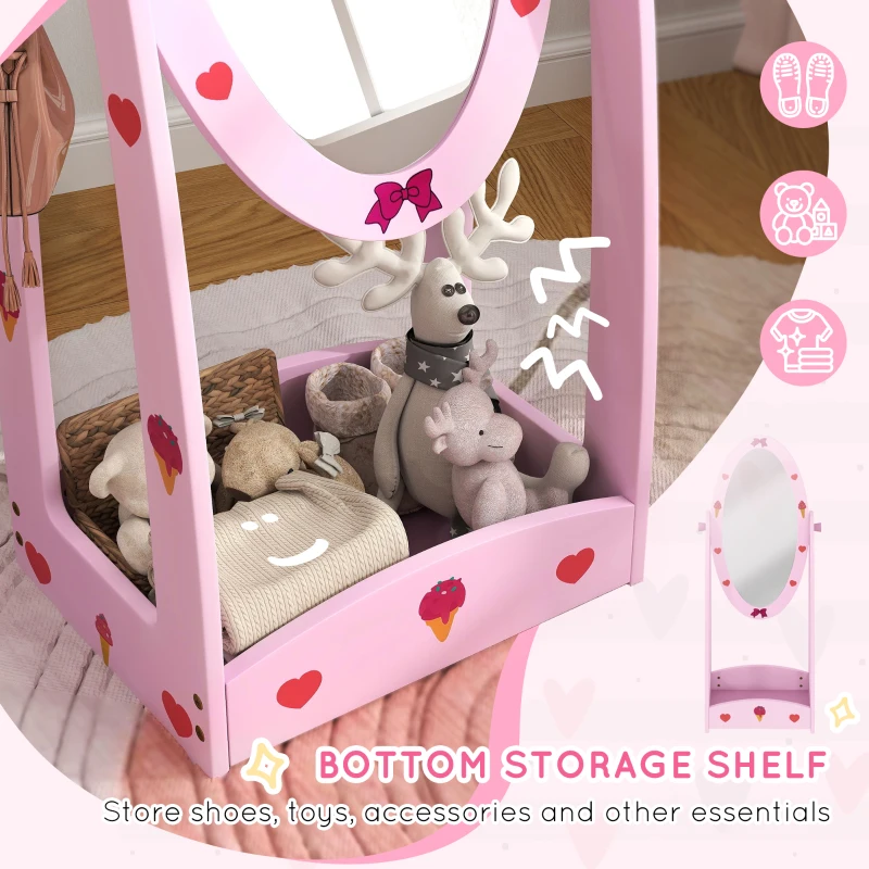 AIYAPLAY Kids Full Length Mirror, 360° Rotating Children Standing Mirror with Storage Shelf, Pink