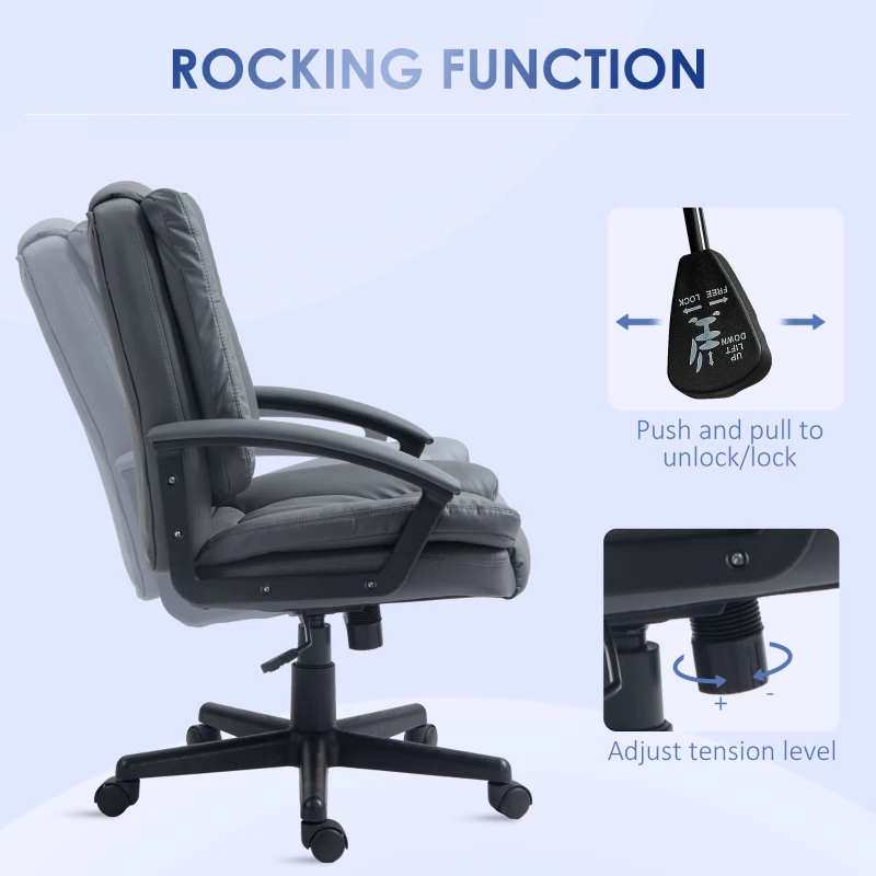 HOMCOM Office Chair - Faux Leather Computer Desk Chair, Mid Back Executive Chair with Swivel Rolling Wheels and Adjustable Height for Home Study, Dark Grey(m-5)