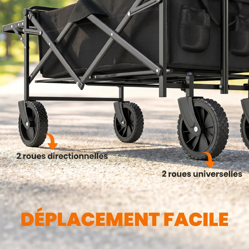 Outsunny Chariot de Jardin Pliable 4 Roues bâche Amovible poignée télescopique Inclinaison réglable Plateau Pliable noir