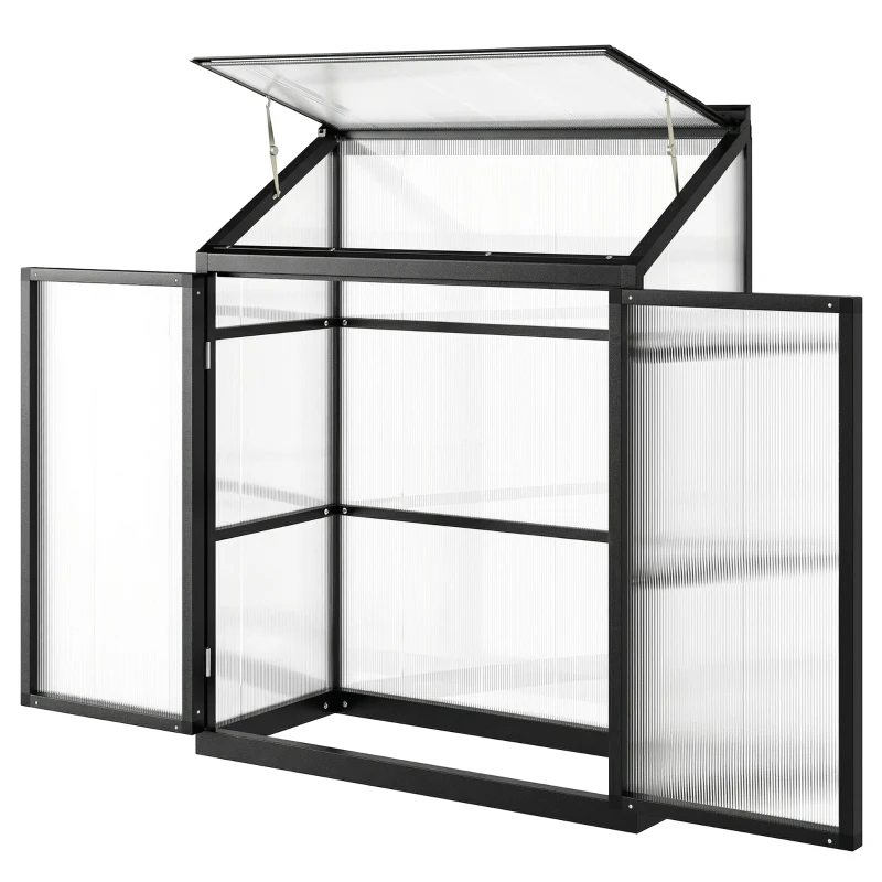 Outsunny 4 x 2ft Polycarbonate Greenhouse, Quick Setup, Lean-to Green House with 2 Hinged Doors, Top Vent, Black