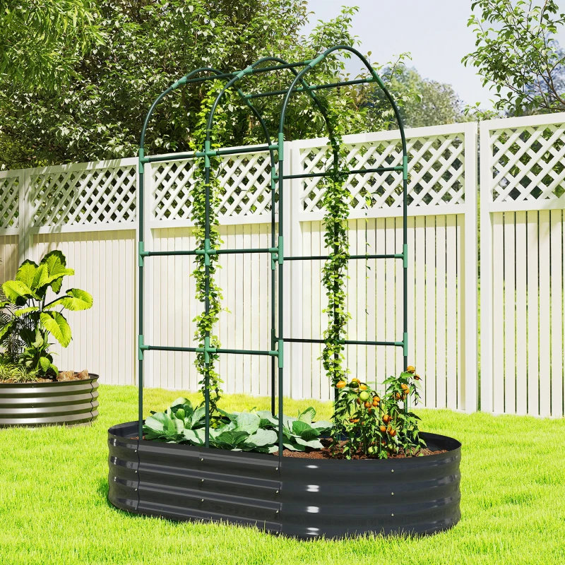 Outsunny Galvanised Raised Garden Bed with Arched Trellis, 5 x 3 x 6ft Metal Raised Bed for Garden with Open Bottom, Dark Grey