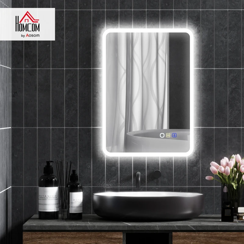 HOMCOM 50 x 70 cm Backlit Illuminated Bathroom Mirror with LED Lights and Bluetooth - Silver Tone