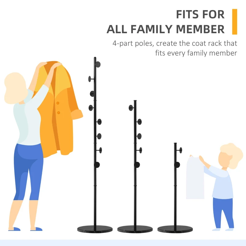 HOMCOM Coat Rack, Free Standing Hat Stand with 8 Hooks for Clothes, Hats, Steel Coat Stand with Marble Base for Entryway, Bedroom, Black