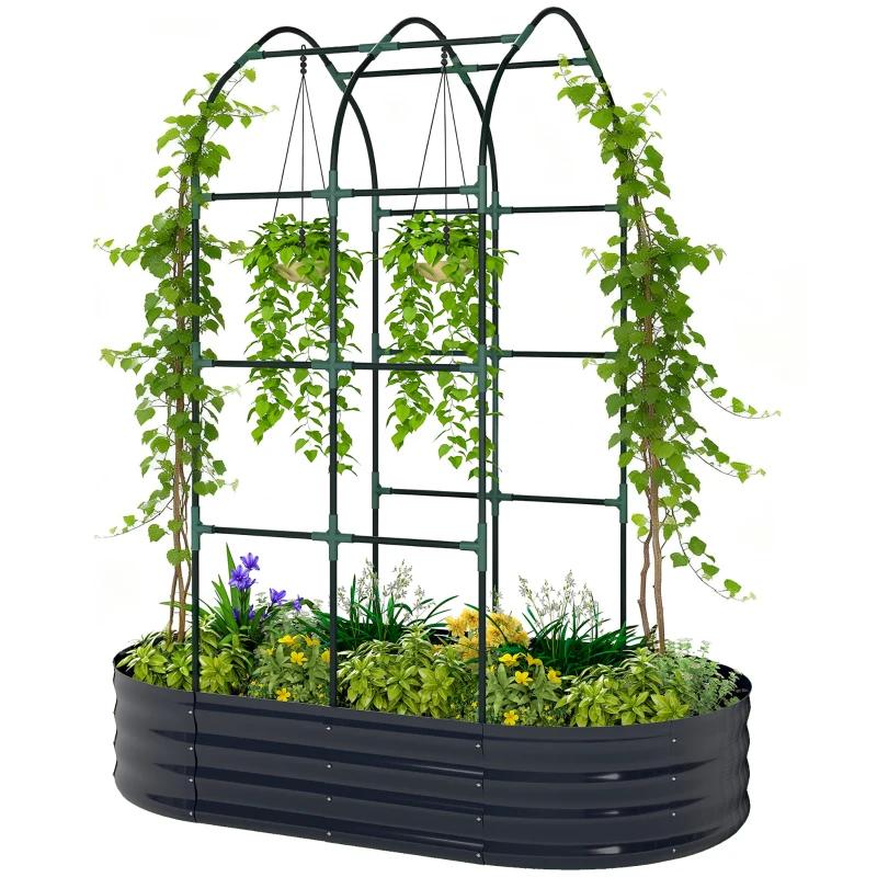 Outsunny Galvanised Raised Garden Bed with Arched Trellis, 5 x 3 x 6ft Metal Raised Bed for Garden with Open Bottom, Dark Grey