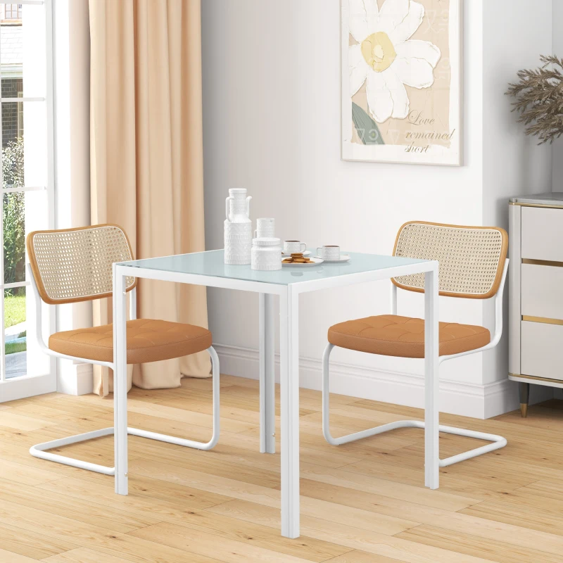 HOMCOM Mesa de Comedor de Cristal Mesa de Cocina Cuadrada para 4 Personas con Patas de Metal para Salón 75x75x75 cm Blanco