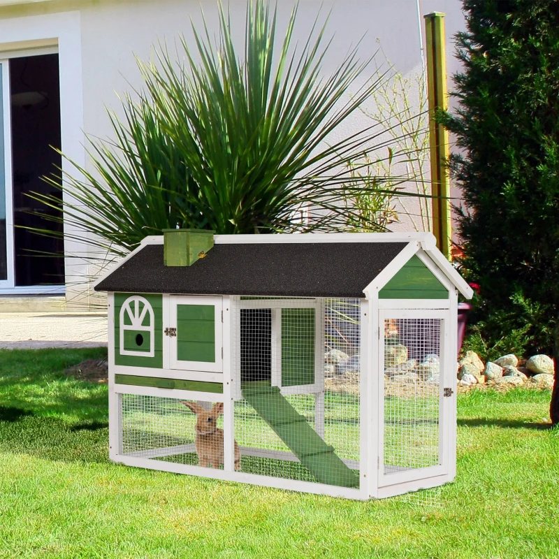 PawHut Jaula para Conejos Grande 120x60x79 cm con Techo Asfáltico Bandeja Extraíble Escalera y Chimenea para Exterior Verde
