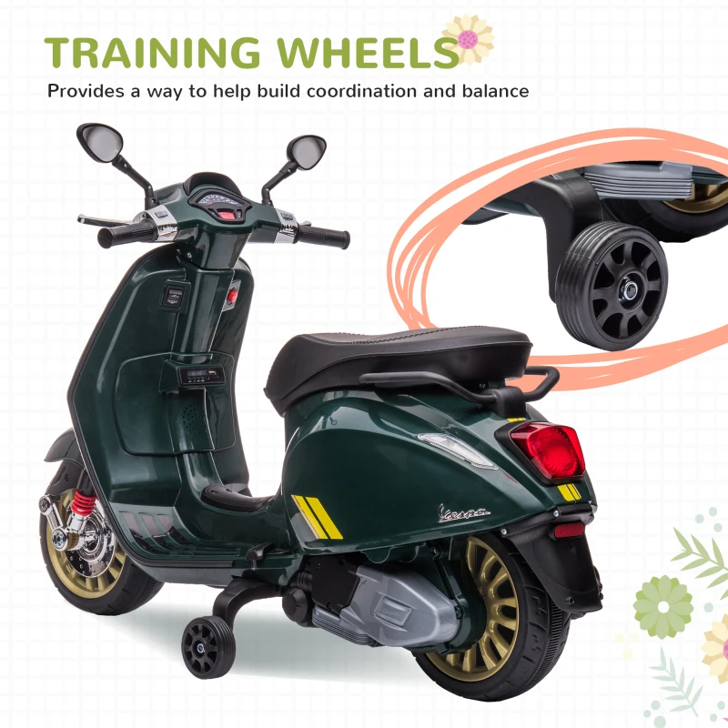 AIYAPLAY 12V Vespa Licensed Kids Electric Motorbike w/ Music, Lights, FM Radio, for 3-6 Years - Green