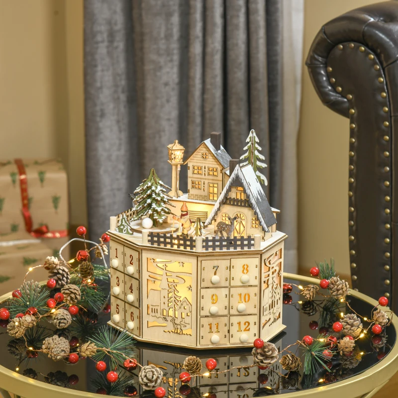 HOMCOM Calendrier de l'Avent de Noël réutilisable en bois avec lumières LED, 24 tiroirs, scène de village, 25x20x29 cm, naturel
