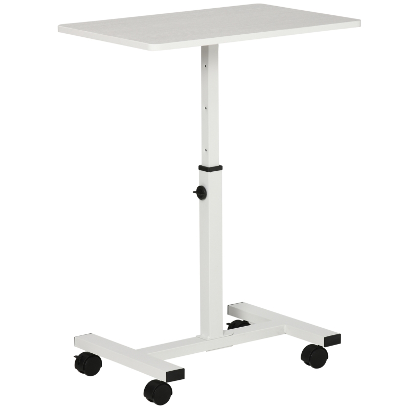 HOMCOM Mesa Auxiliar con Ruedas Mesita Lateral para Sofá Cama Altura Ajustable Marco de Metal y Frenos 60x40x52,5-84 cm Blanco
