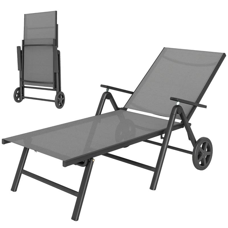 Outsunny Lettino Sdraio Pieghevole e Reclinabile in 5 Posizioni con Rotelle, in Metallo e Textilene, 72x158x84 cm, Grigio