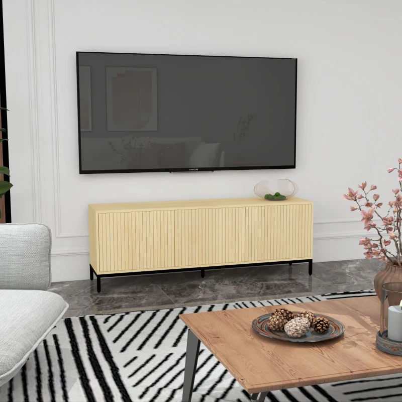 HOMCOM Meuble banc TV Banc Max. 65 Pouces 3 placards 2 passe-câbles avec étagères réglables - dim. 150L x 40D x 51H cm