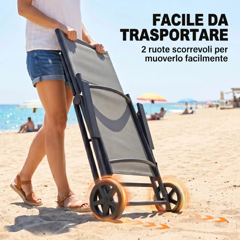 Outsunny Lettino Sdraio Pieghevole e Reclinabile in 5 Posizioni con Rotelle, in Metallo e Textilene, 72x158x84 cm, Grigio