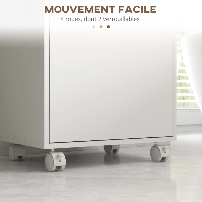 kleankin Meuble de salle de bain sur roulettes 2 étagères réglables plateau amovible 40 x 30 x 88 cm blanc naturel