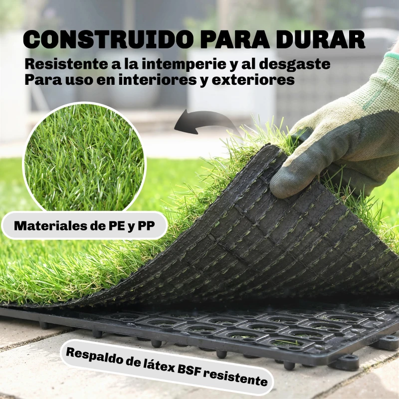 Outsunny Césped Sintético de 22 Piezas Alfombra Césped Artificial 30x30 cm con Altura de Hierba 25 mm Drenaje Automático Verde