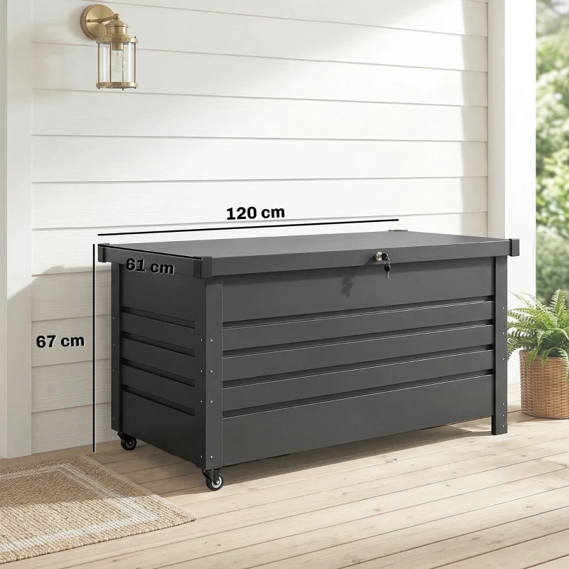 Outsunny Baule da Giardino 350L con Serratura, Rotelle e Maniglie, in Acciaio, 120x61x67 cm, Grigio